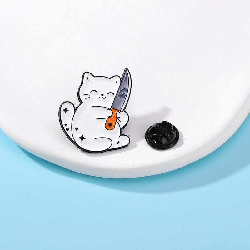 Creative Cartoon Cat Brooch Funny Cat Holding A Knife Dagger