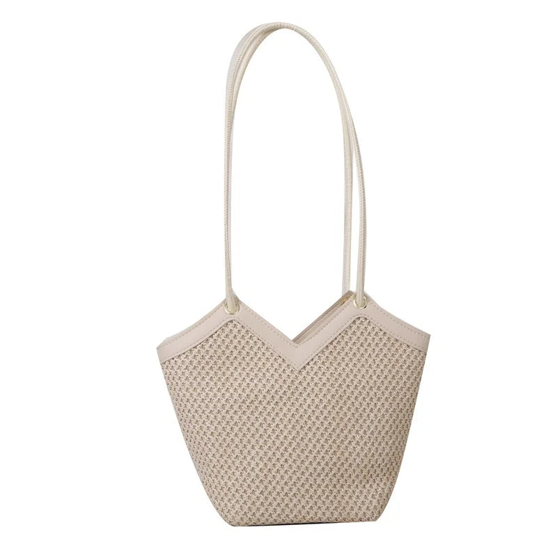 Women Straw Contrast Shoulder And Tote Bag