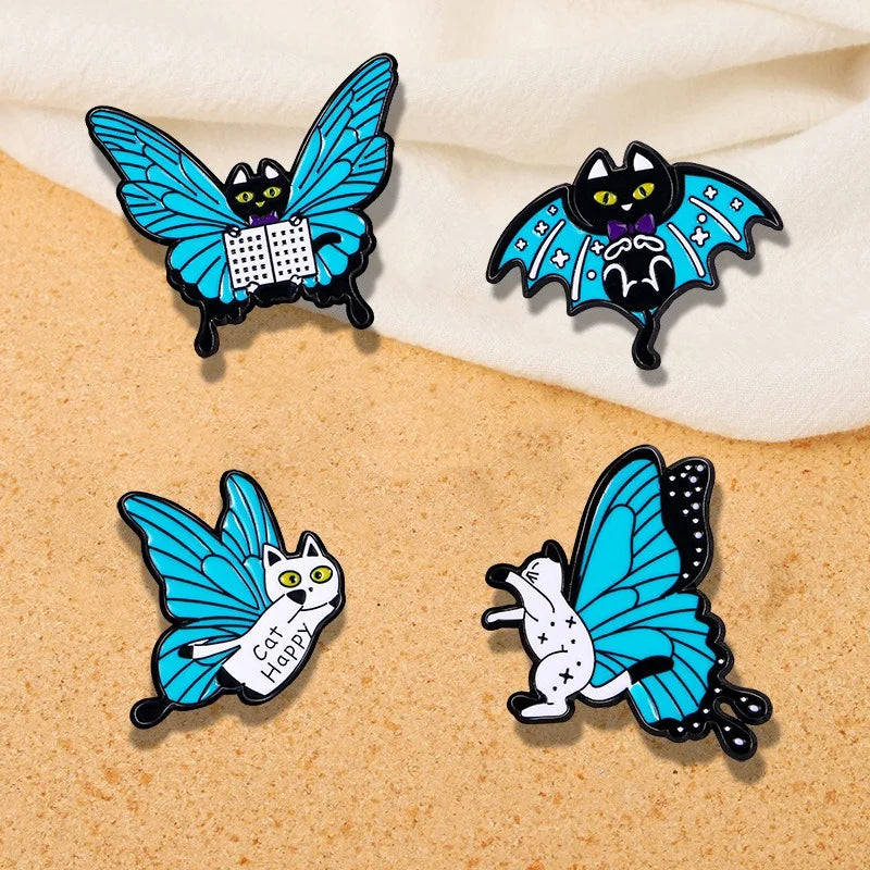 Cute Blue Butterfly Cat Brooch And Enamel Pin