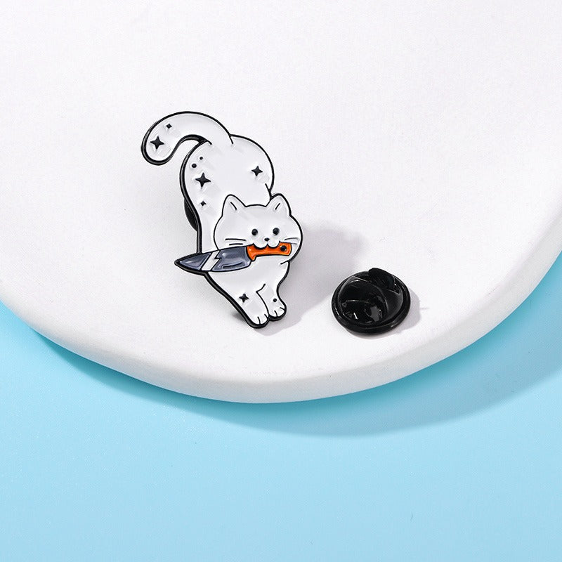 Creative Cartoon Cat Brooch Funny Cat Holding A Knife Dagger