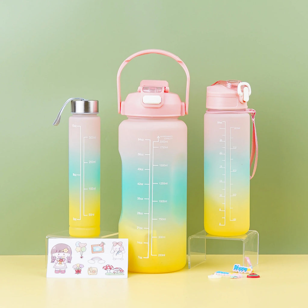 3 Pcs Large Capacity Colorful Gradient Water Bottle Set - Pink