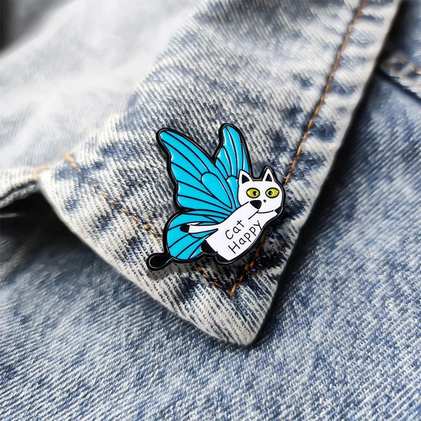 Cute Blue Butterfly Cat Brooch And Enamel Pin