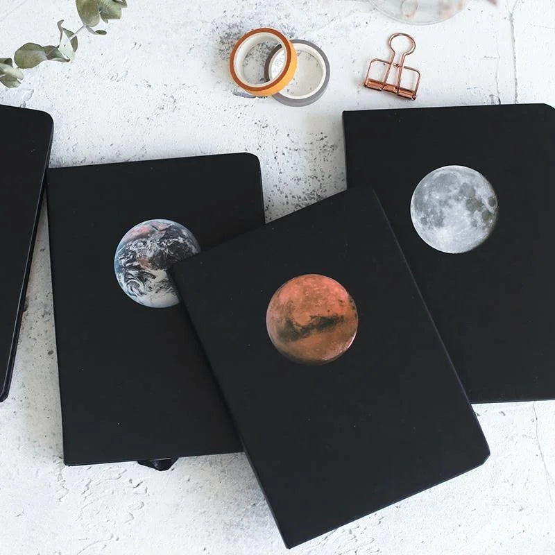 Planets Printed Black Page Journal with Free White Gel Pen