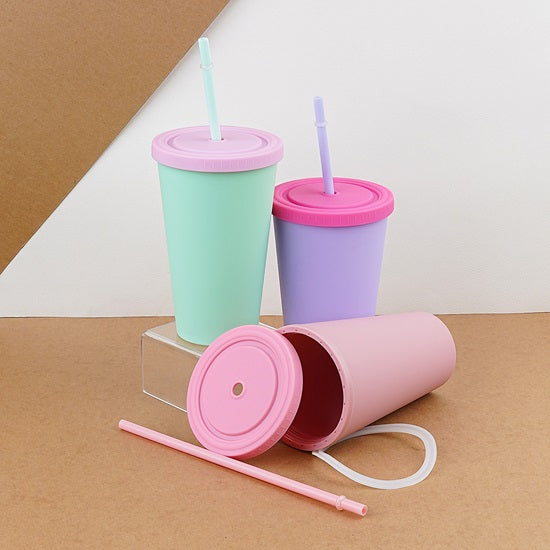 Double Layer Pastel Color Plastic Cup with Straw