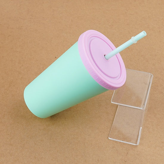 Double Layer Pastel Color Plastic Cup with Straw