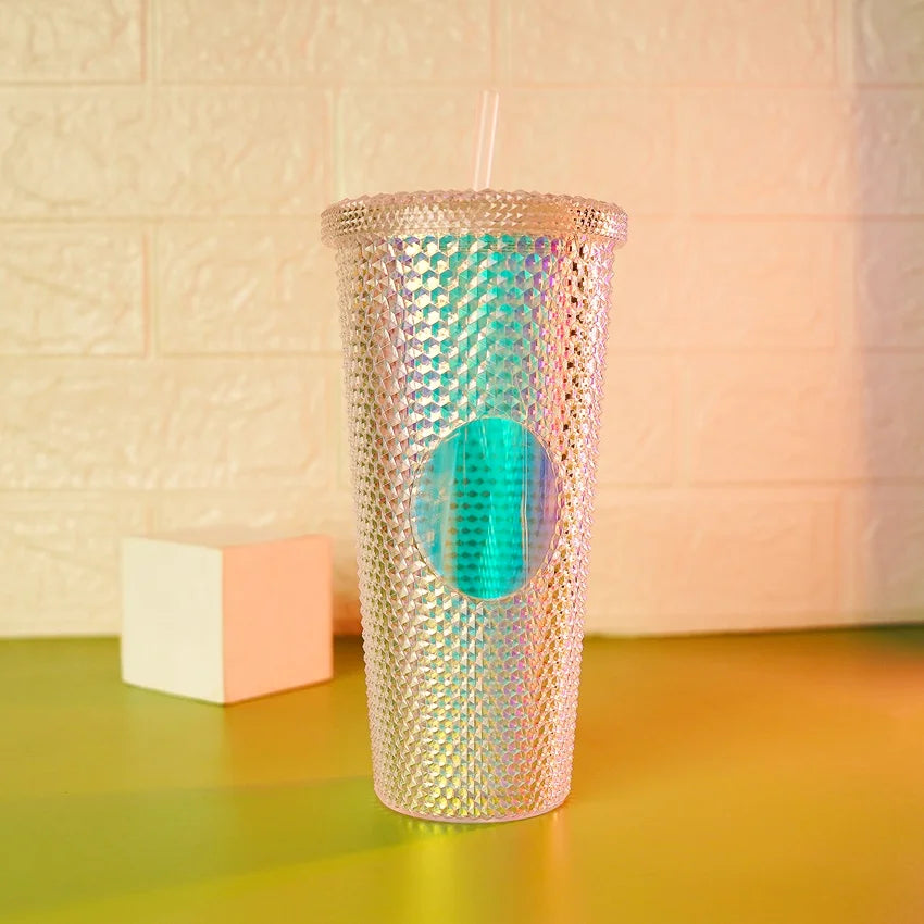 Holographic Double Layer Plastic Cup with Straw