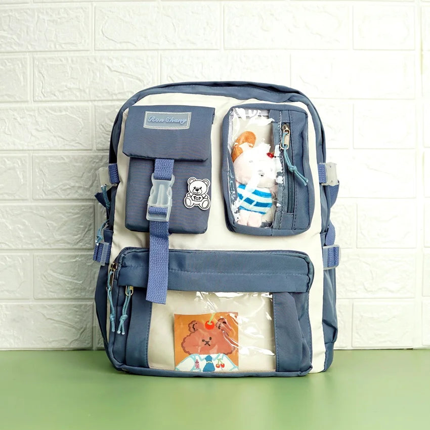 Large Capacity Korean Style Backpack with Teddy Bear - Blue