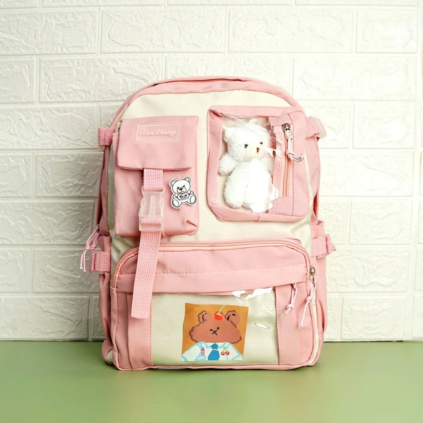 Large Capacity Korean Style Backpack with Teddy Bear - Pink