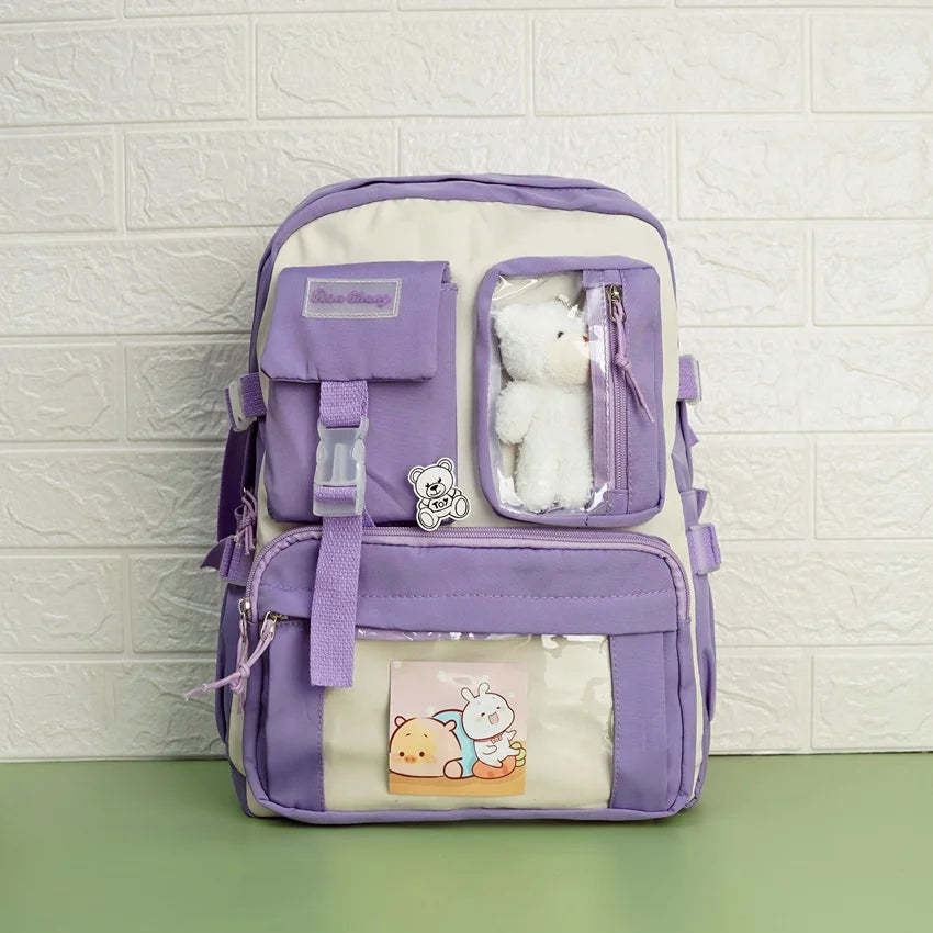 Large Capacity Korean Style Backpack with Teddy Bear - Purple