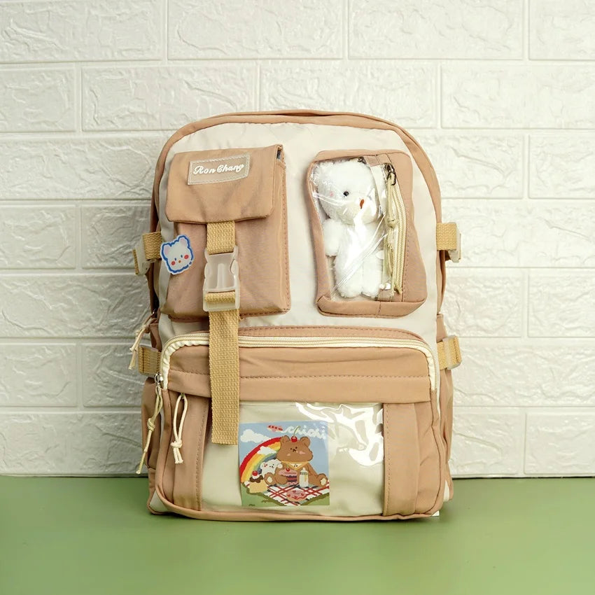 Large Capacity Korean Style Backpack with Teddy Bear - Creamy White