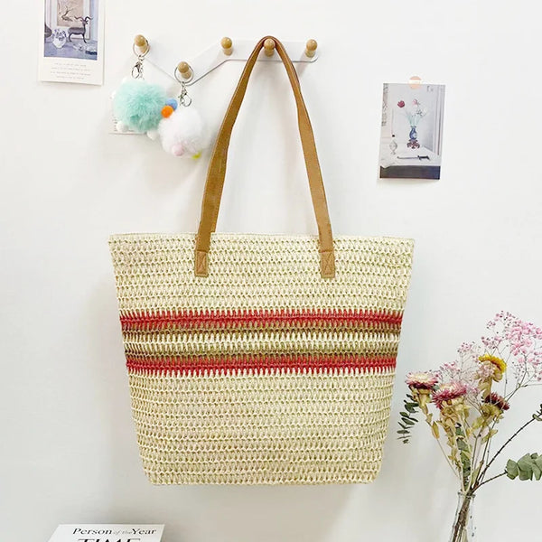 Large Capacity Woven Straw Stripes Shoulder Bag