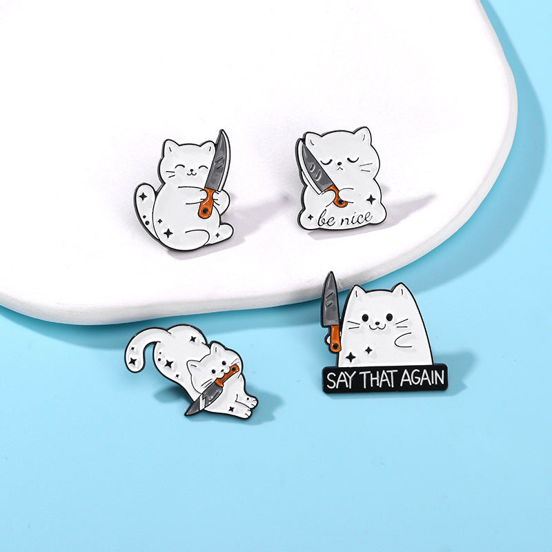 Creative Cartoon Cat Brooch Funny Cat Holding A Knife Dagger