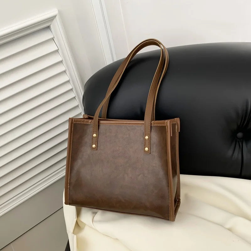 PU Leather Large Capacity Versatile Square Shape Tote Bag