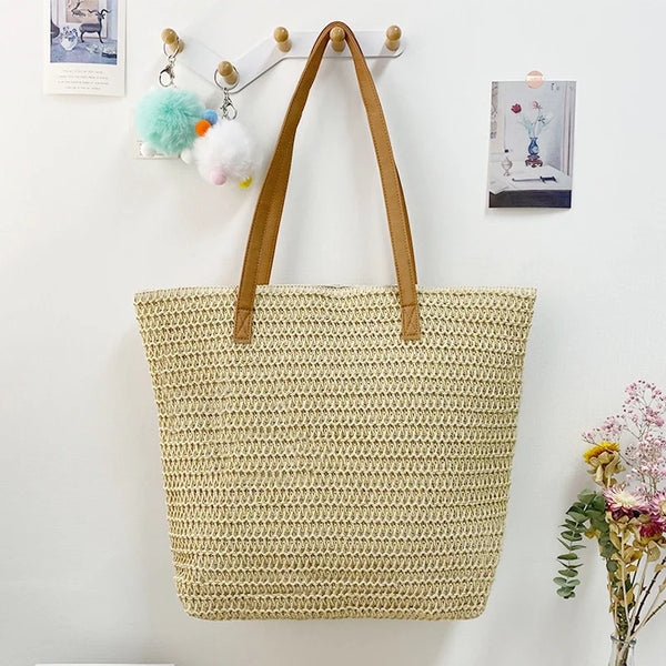 Solid Color Beach Straw Shoulder Bag