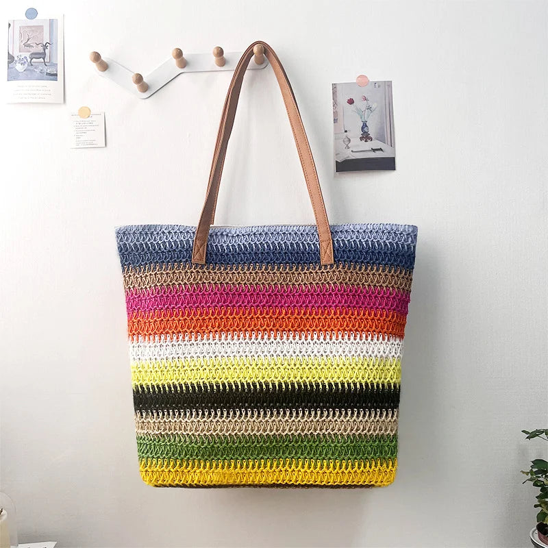 Versatile Shoulder Stripes Paper Straw Woven Bag