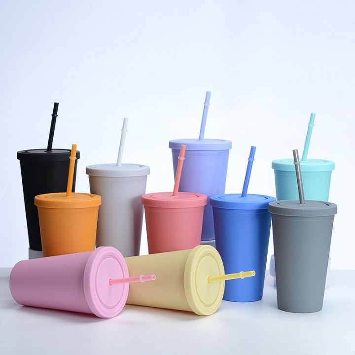 Double Layer Plastic Cup with Straw